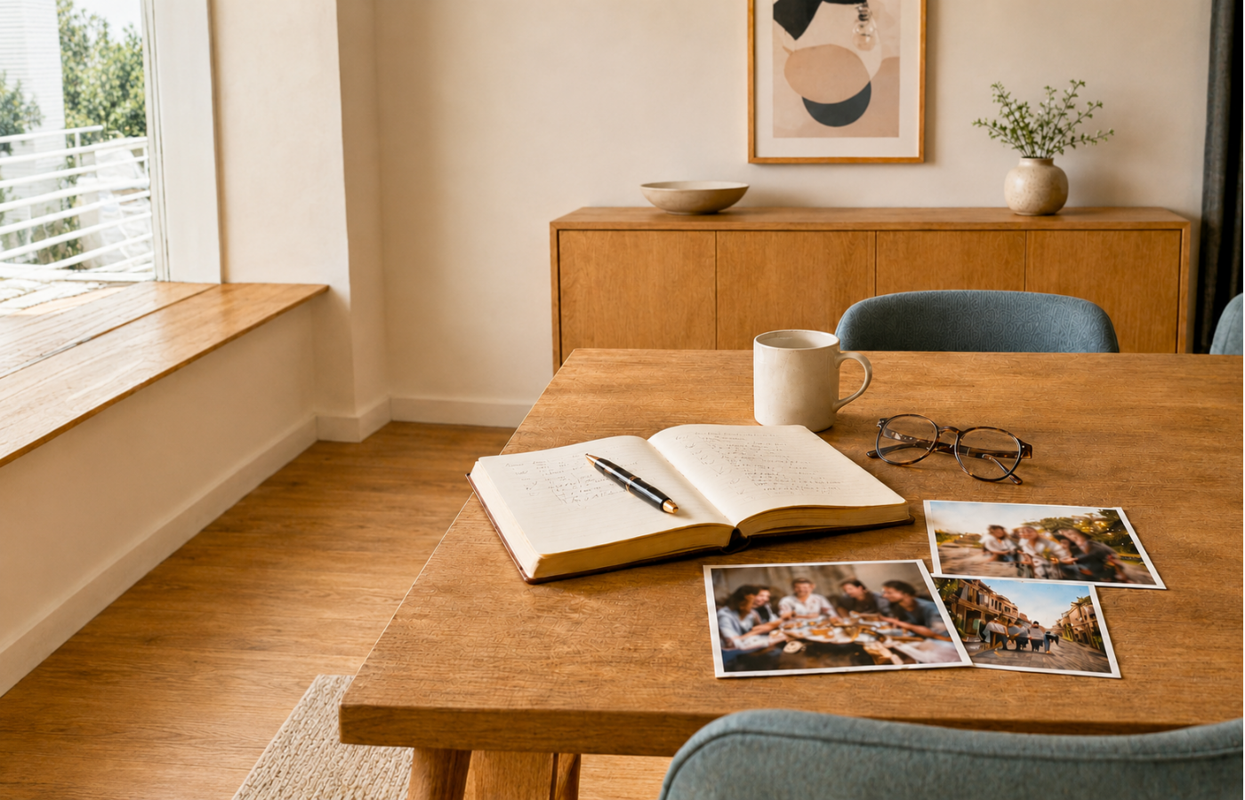 Open travel-planning notebook with family vacation photos, coffee and glasses
