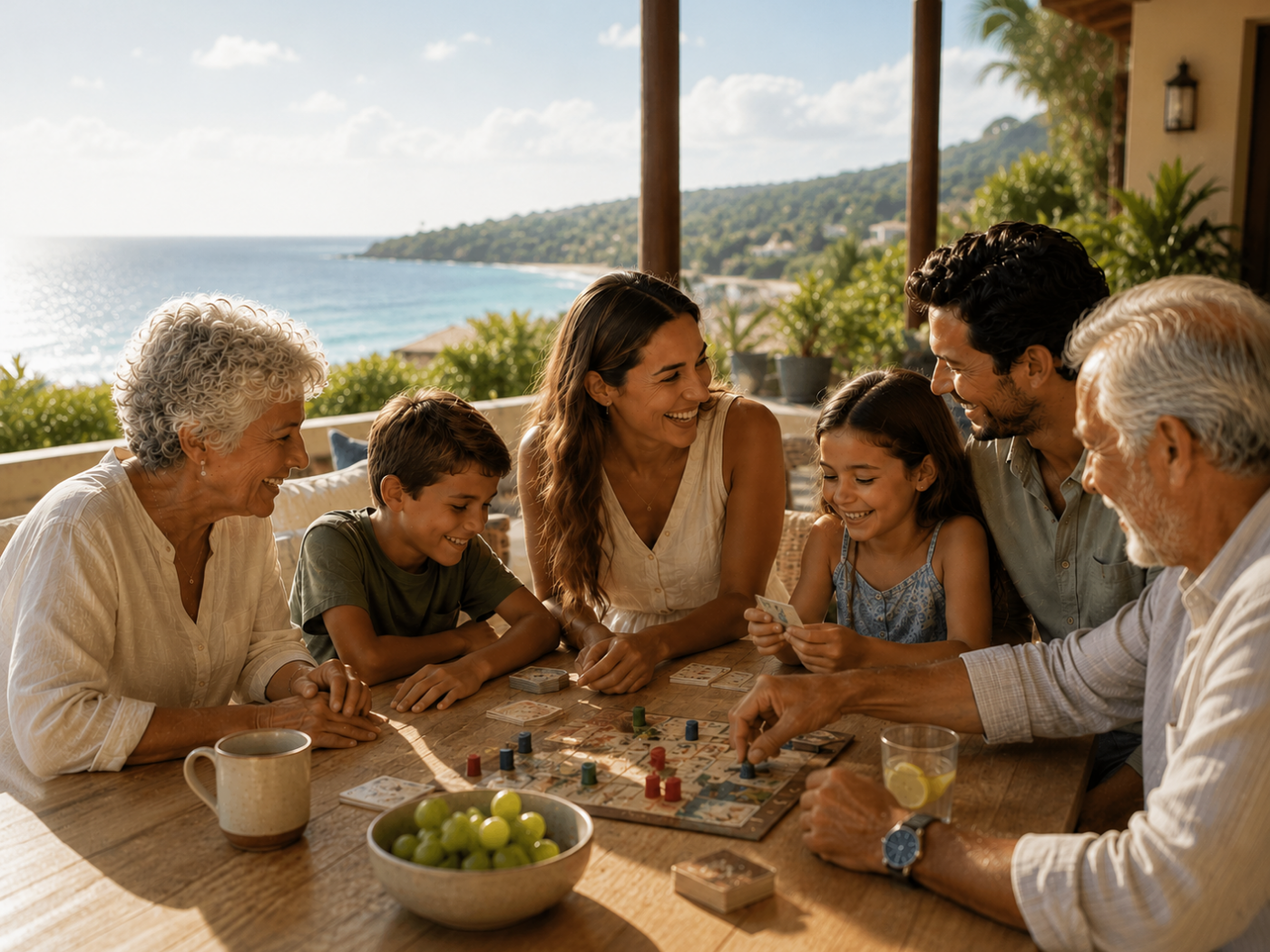 Family enjoying multi-generational travel while playing a board game at a seaside destination