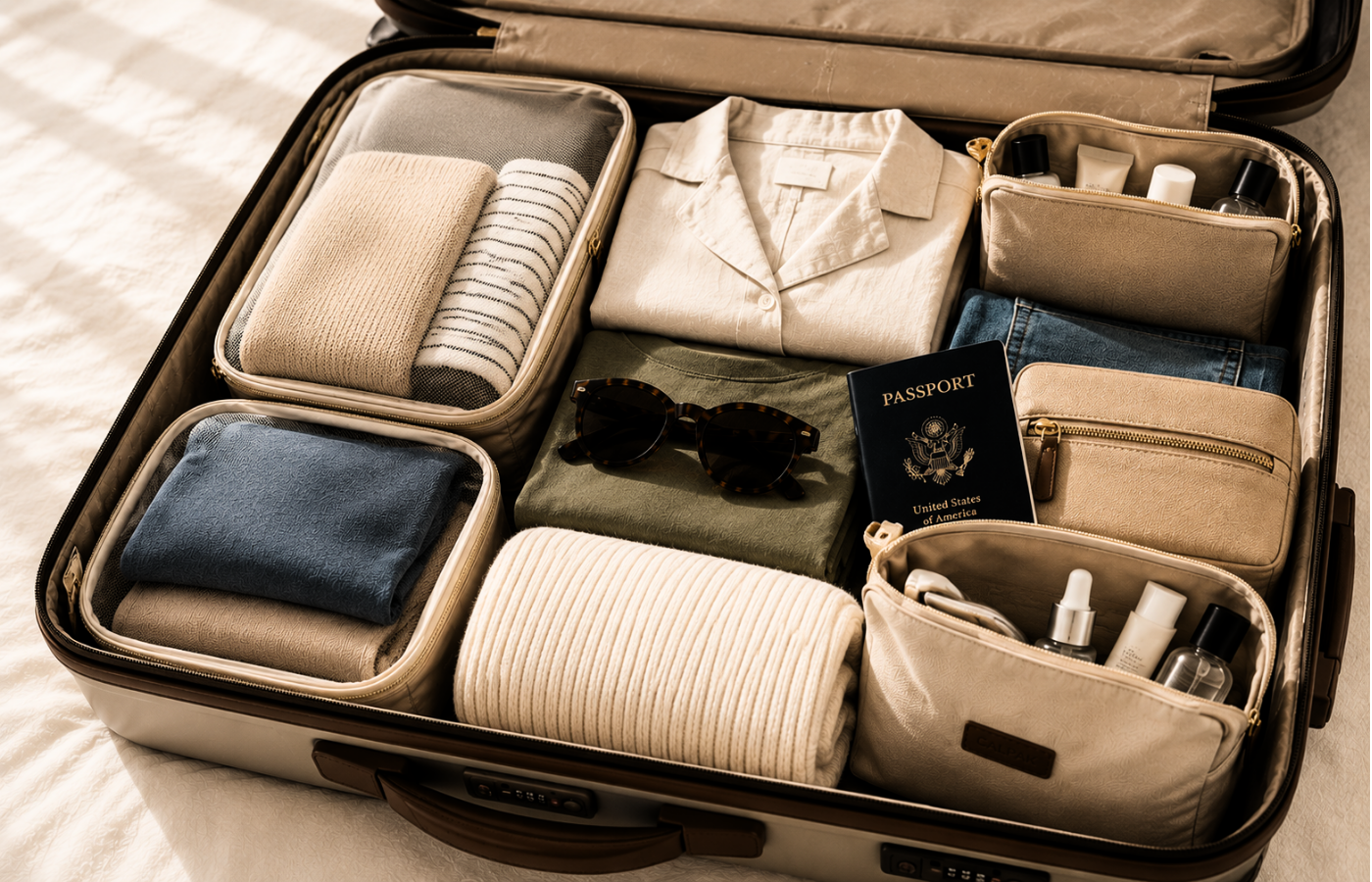 Open suitcase neatly organized with clothing and travel essentials