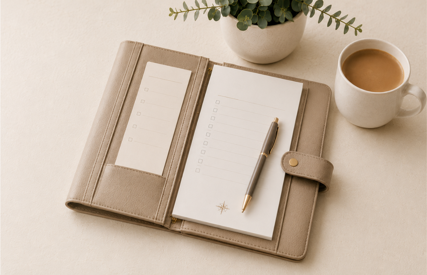 Open travel planner with a checklist, boarding pass, pen and coffee