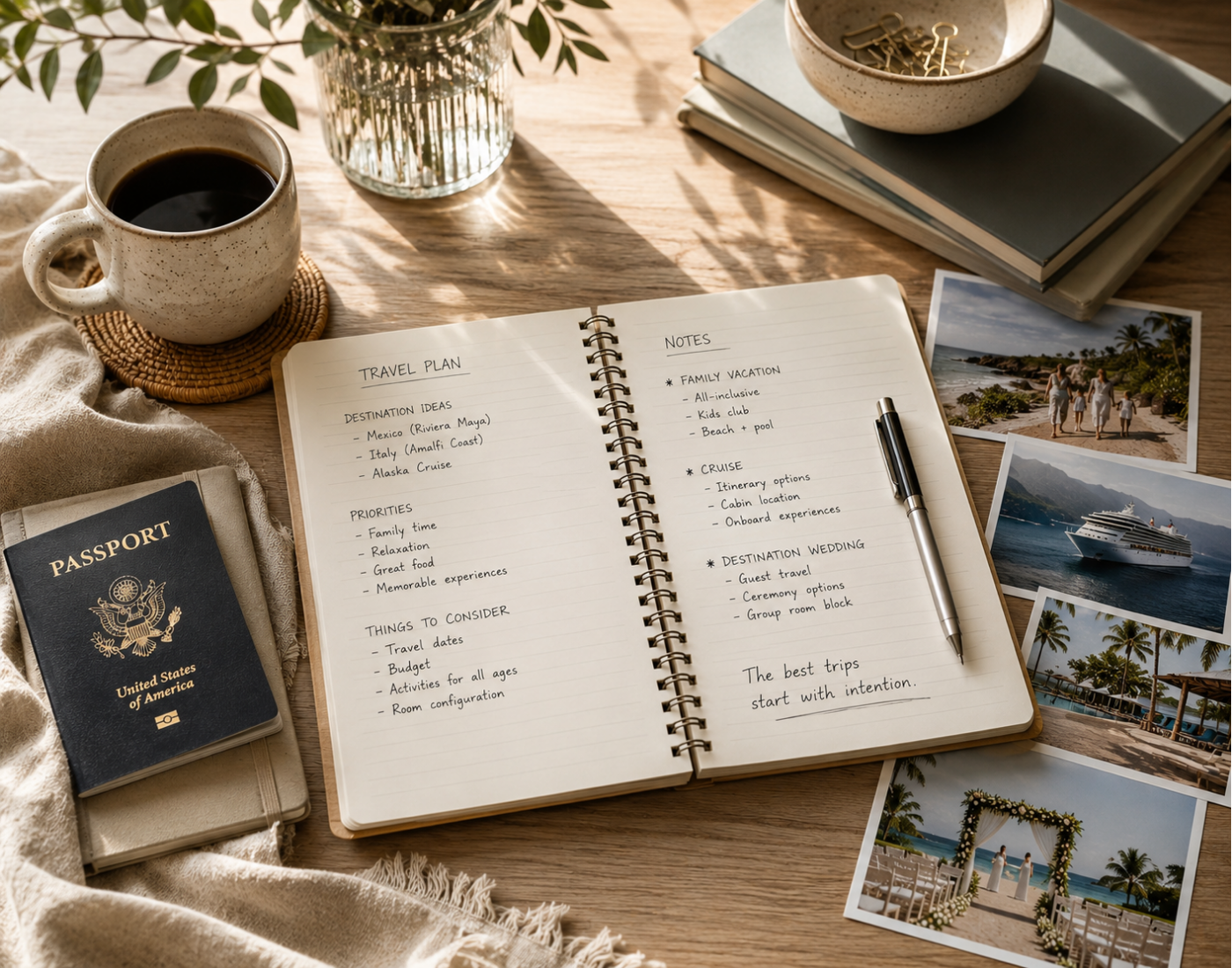 Open travel planning notebook with vacation photos, passport, coffee, and travel notes on a wooden table, representing thoughtful family and group travel planning.