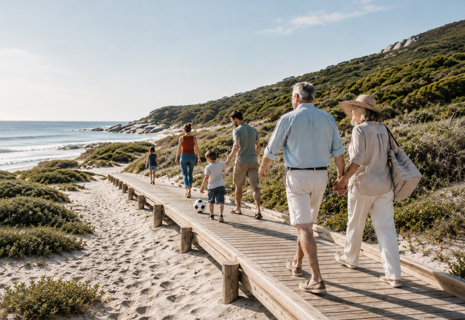 Multigenerational family walking together along a coastal boardwalk