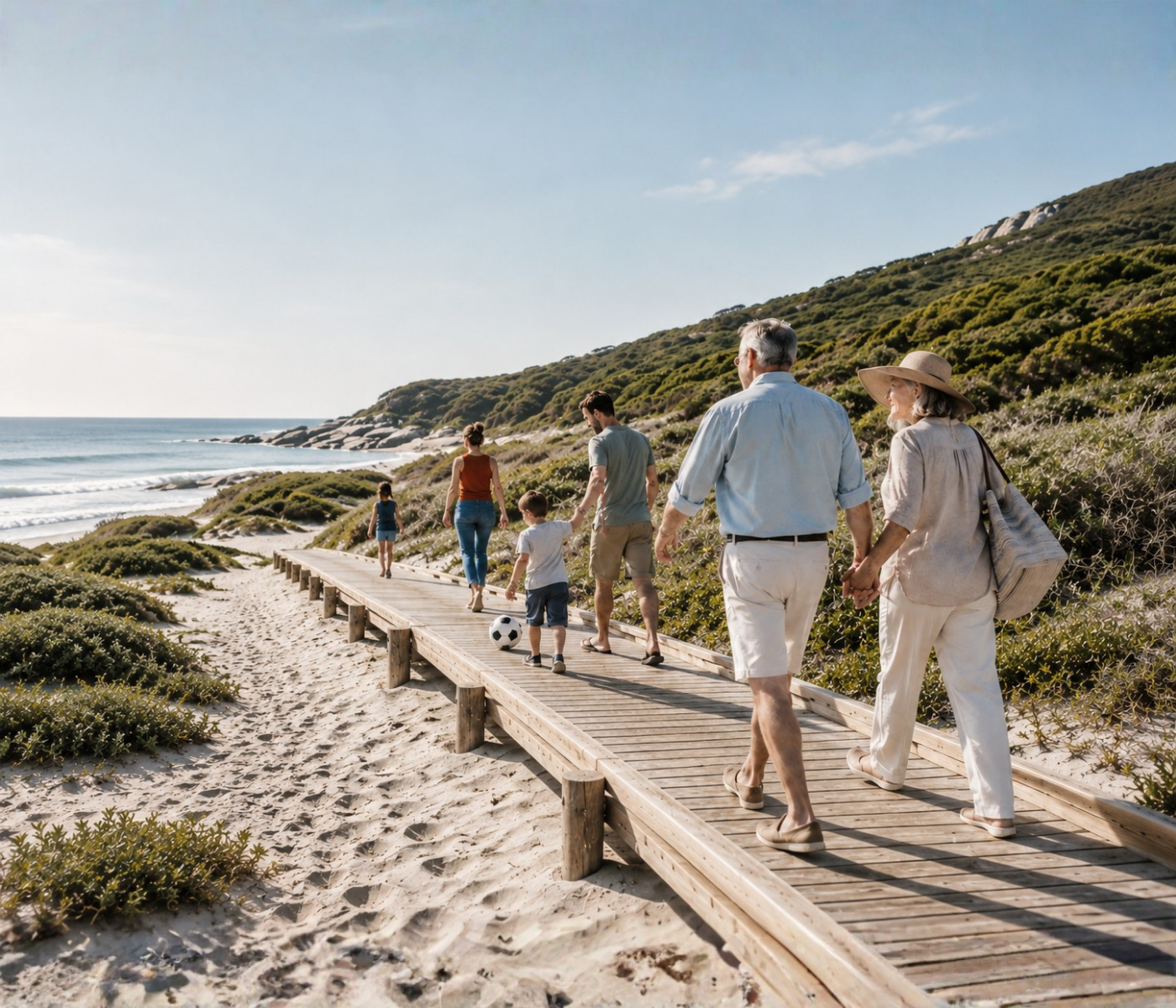 Multigenerational family walking together along a coastal boardwalk