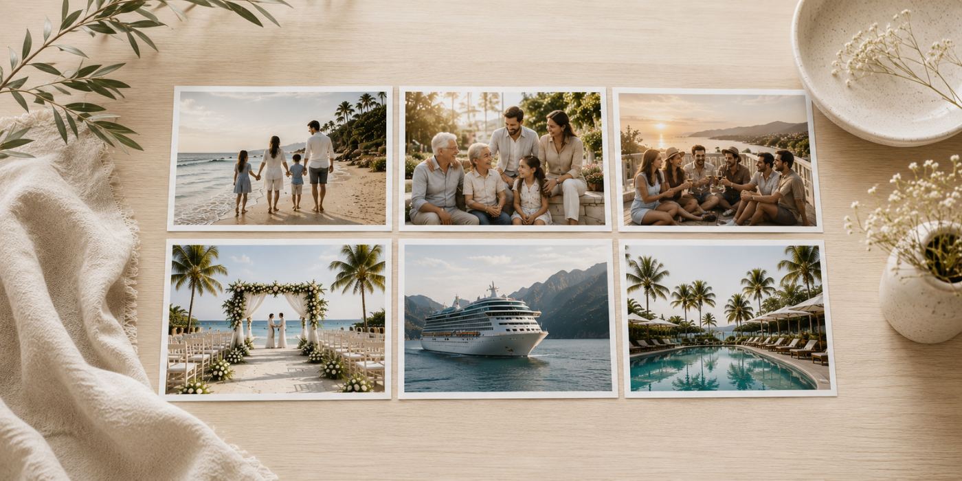 Travel photographs representing family vacations, multi-gen and group travel, destination weddings, cruises and all-inclusive vacations.