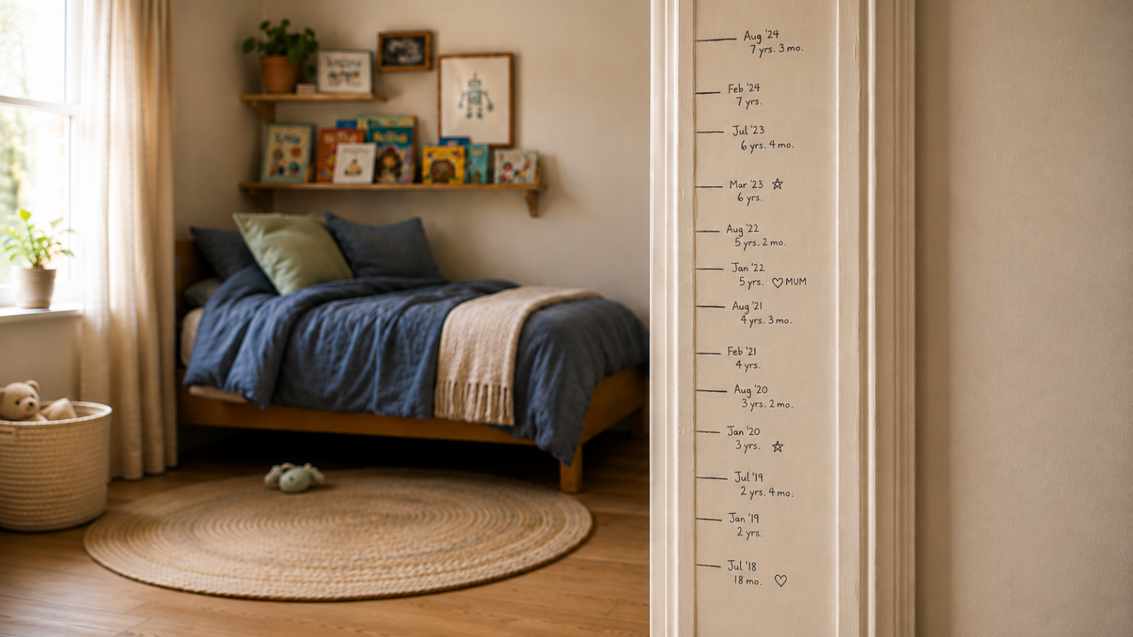 Child’s height marks recorded over several years beside a bedroom.