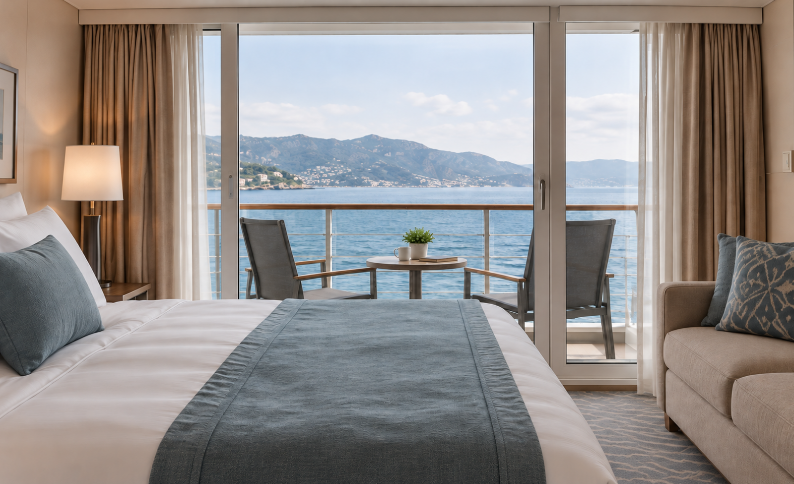 Cruise ship cabin with a private balcony overlooking the sea