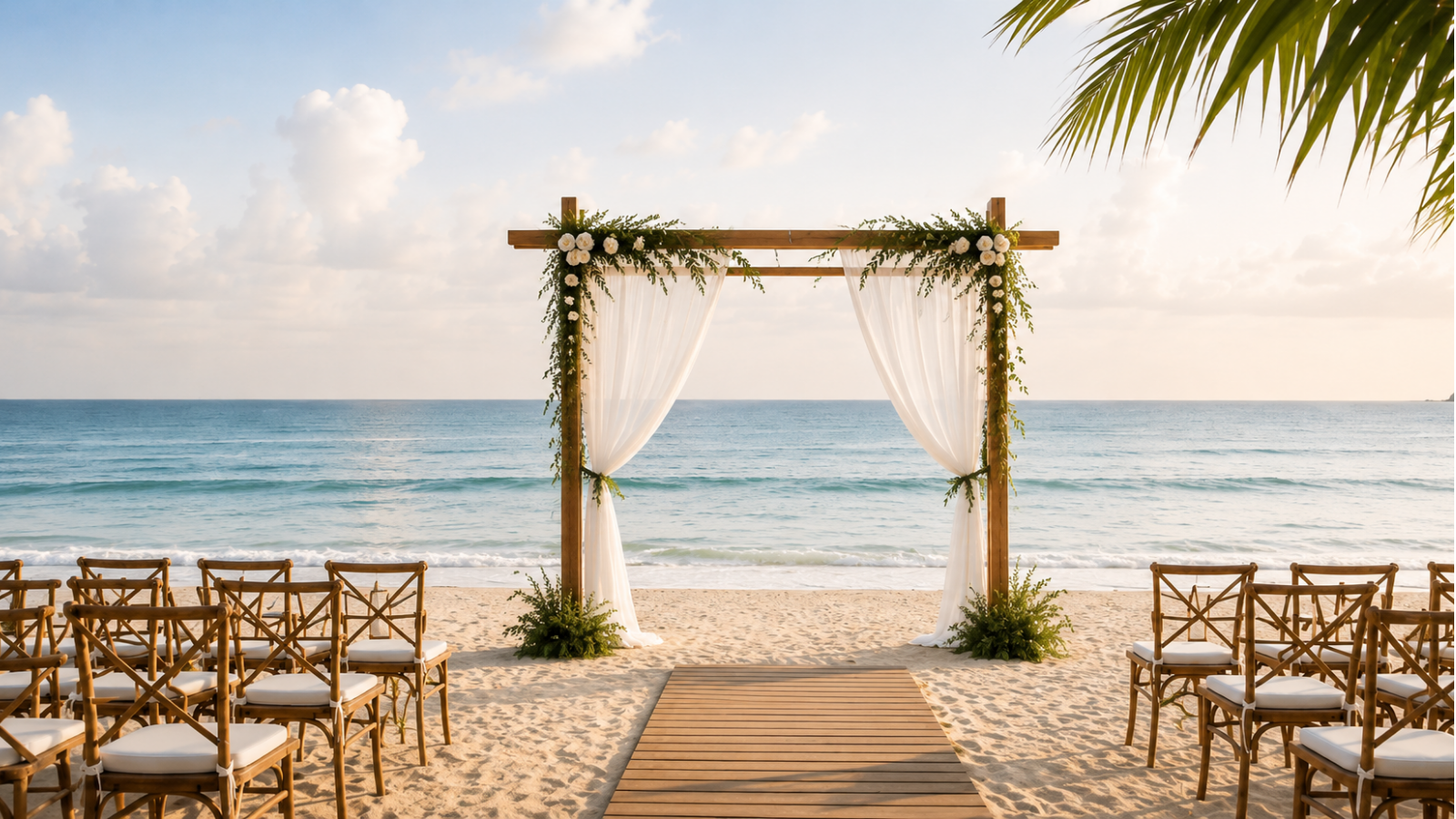 Beach wedding ceremony setup with a simple arch overlooking the ocean