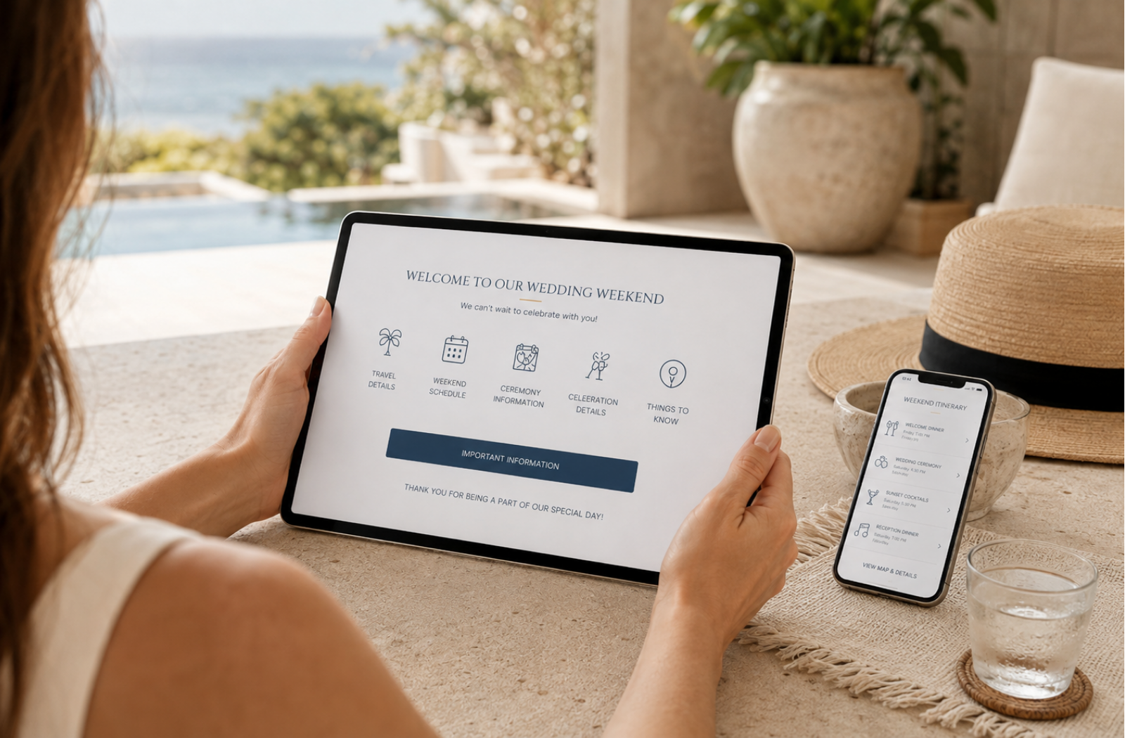 Destination wedding guest information displayed on a tablet and phone