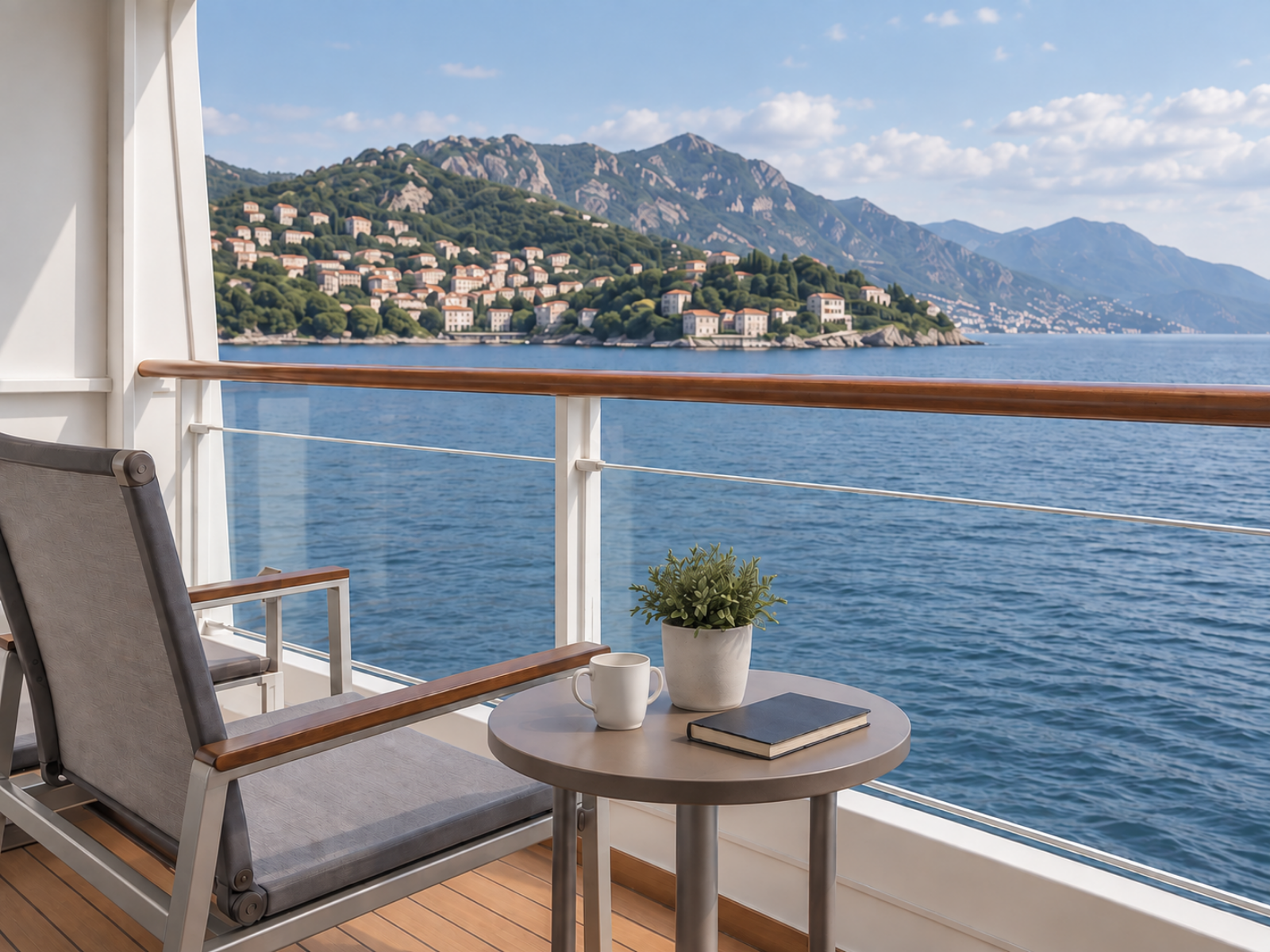 Cruise ship balcony overlooking ocean and coastal mountains