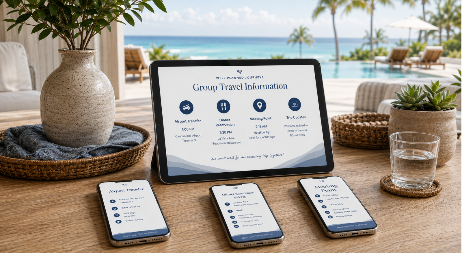 Shared group travel information displayed on a tablet and several phones