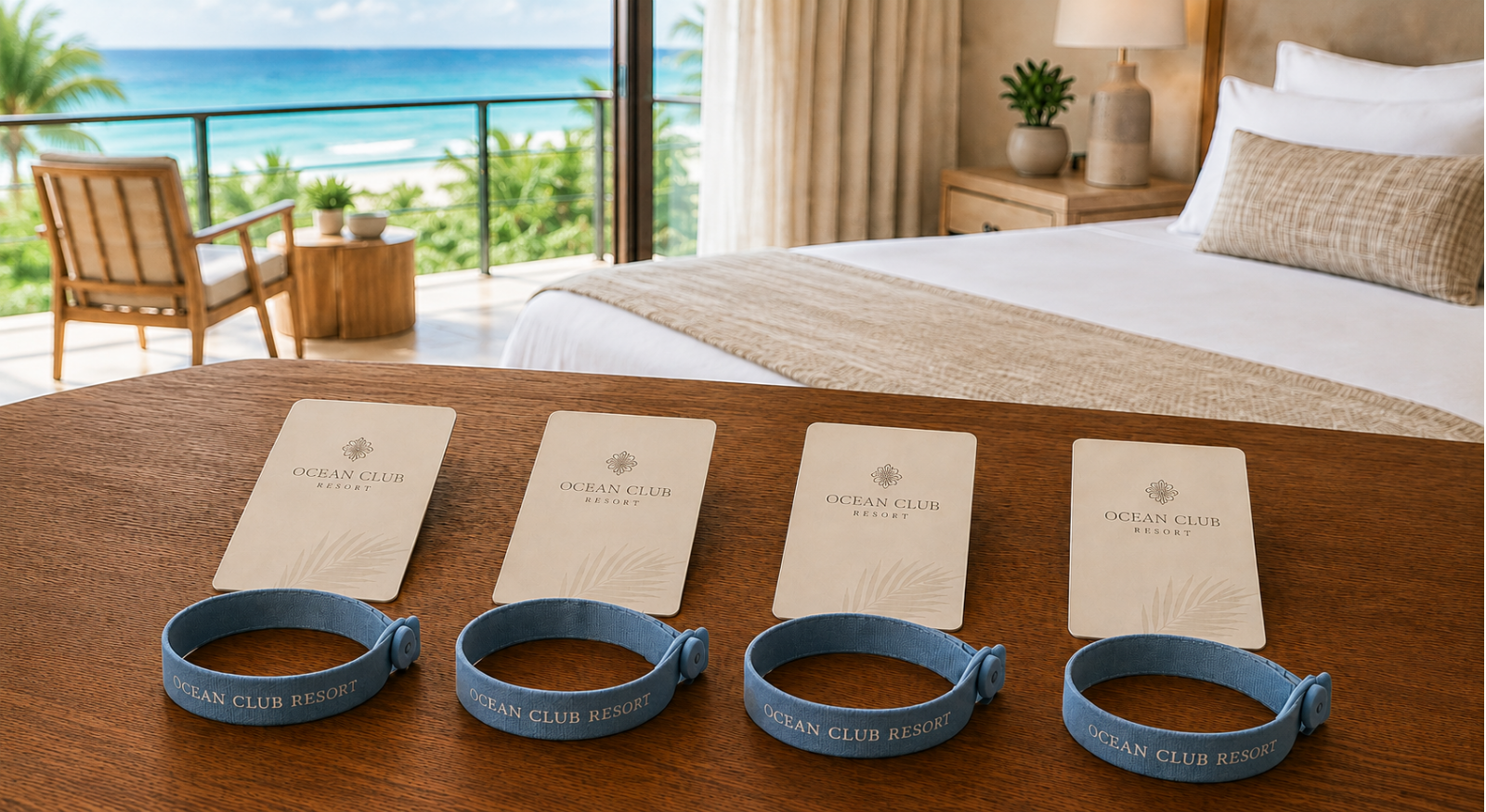 Individual resort wristbands and guest cards prepared for a group of travelers