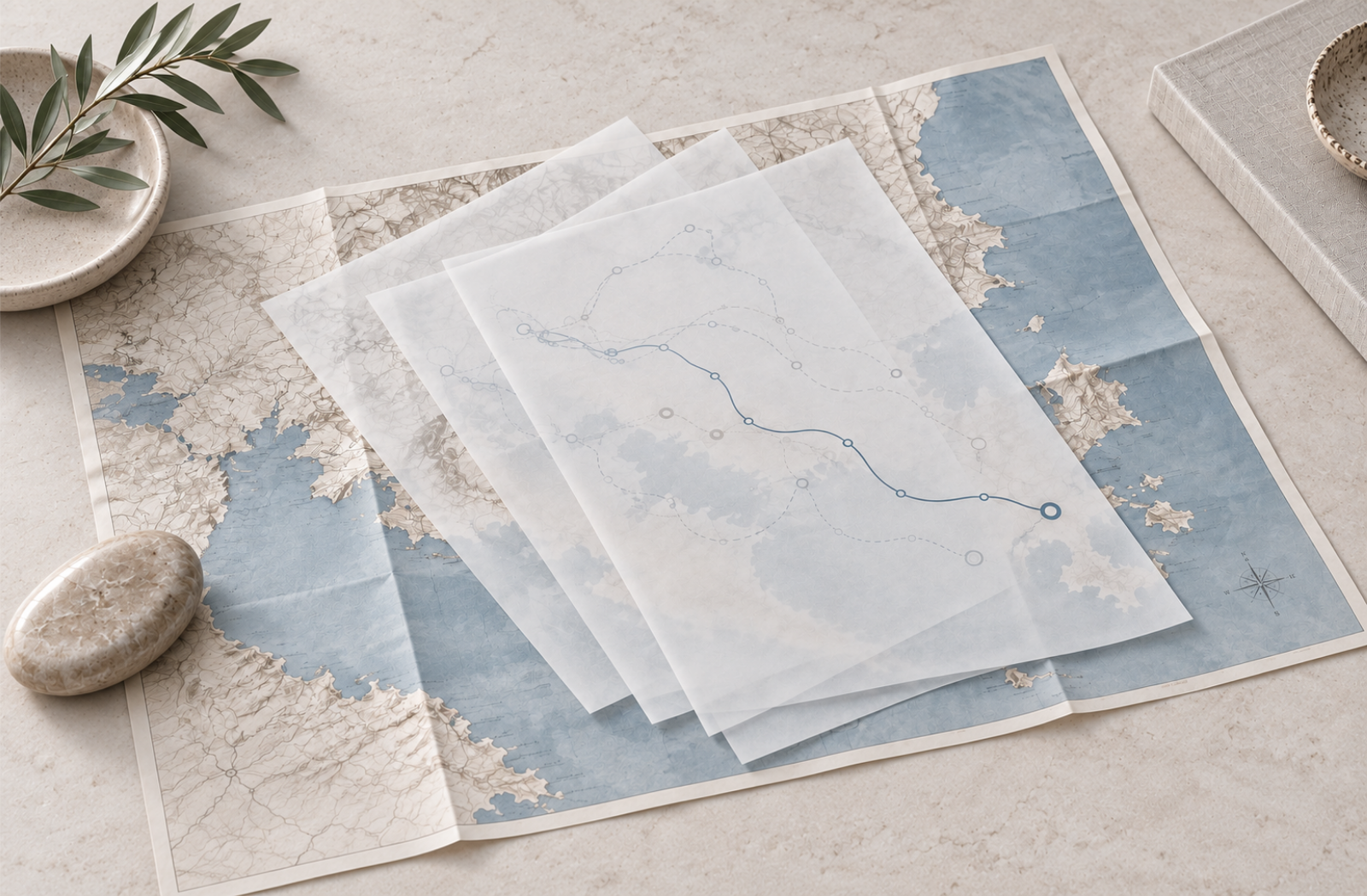 ayered maps and travel plans representing the research and decisions involved in travel planning fees.