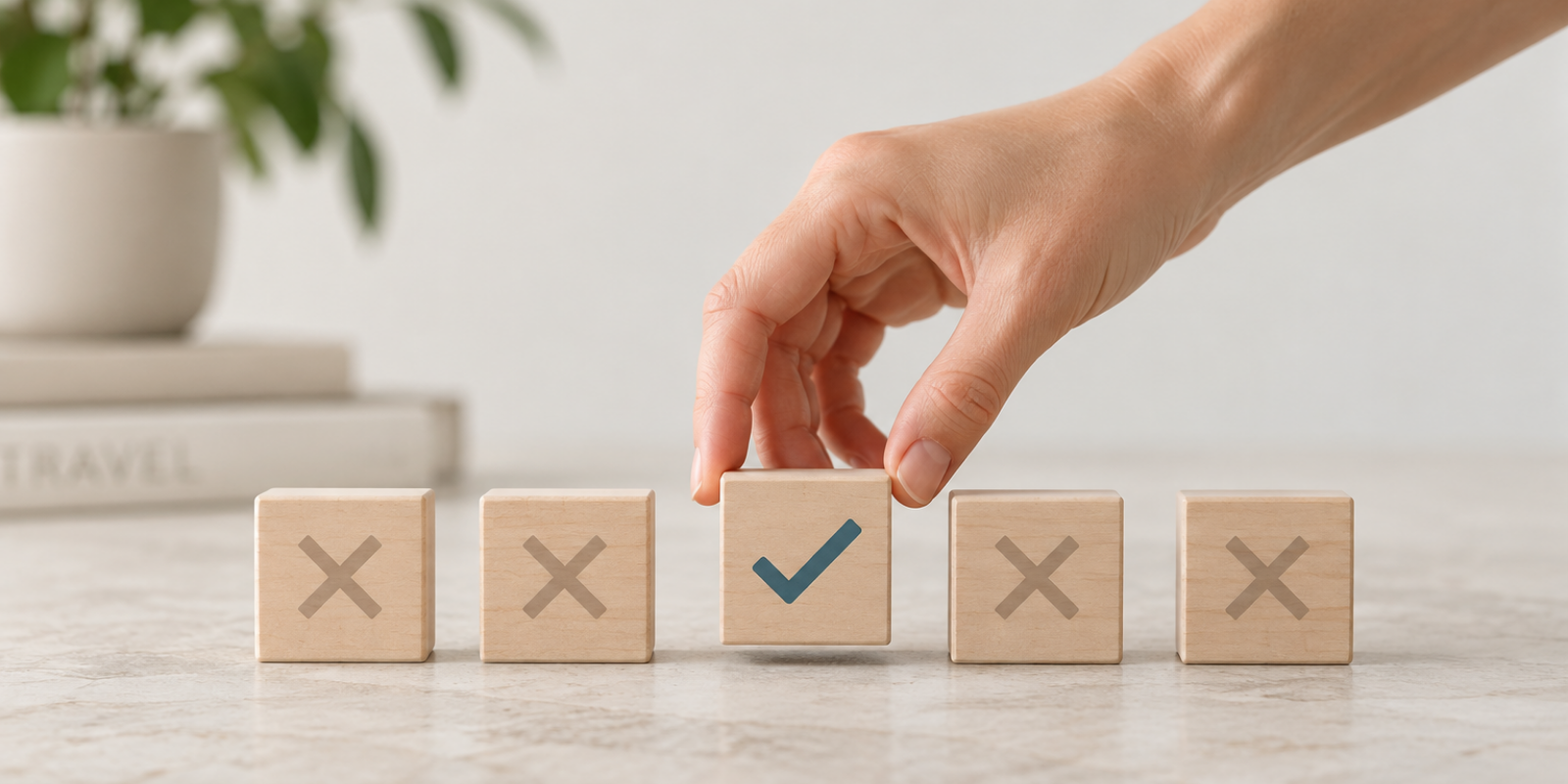 Hand selecting a wooden block with a check mark from several options