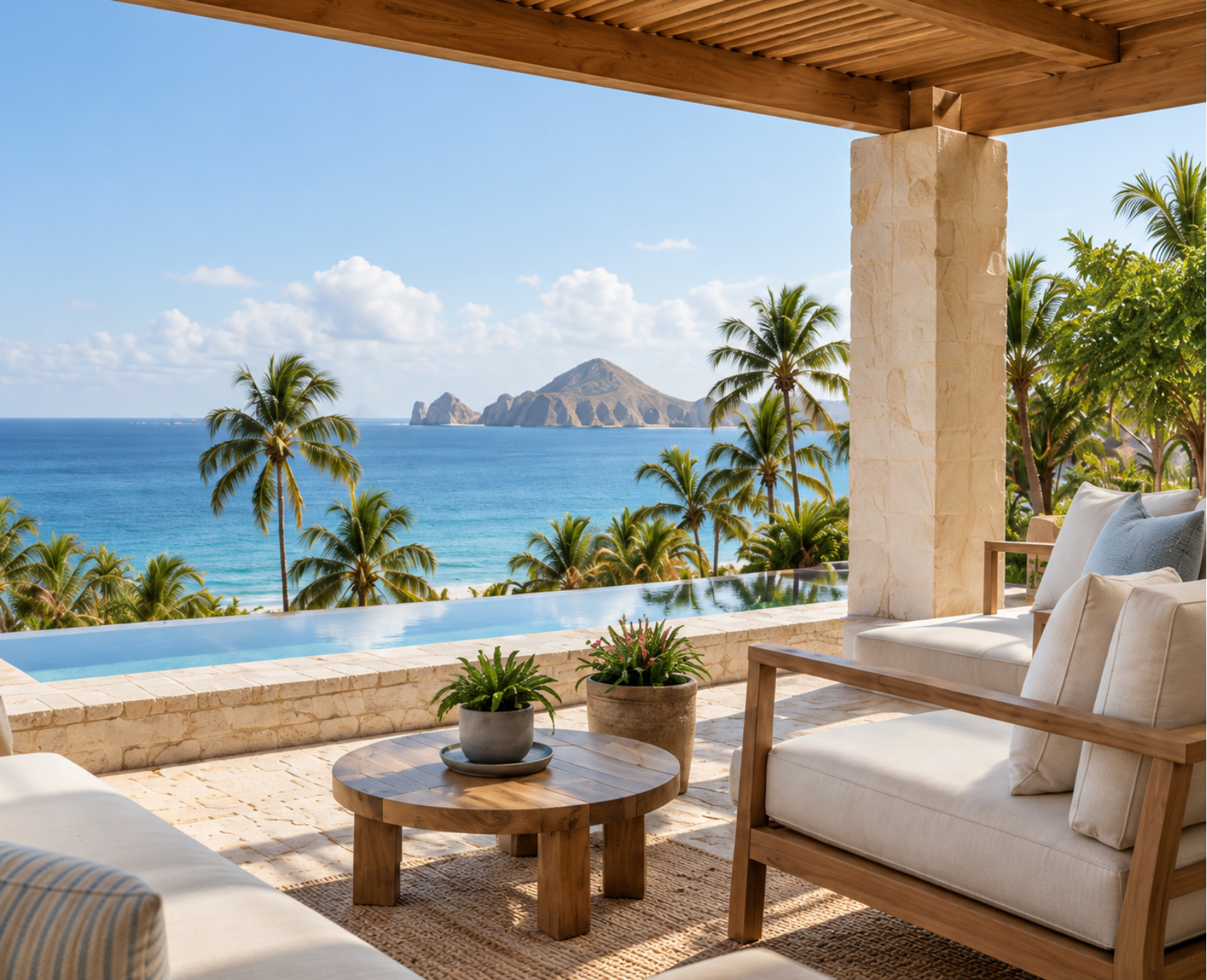 Resort terrace overlooking an infinity pool and ocean