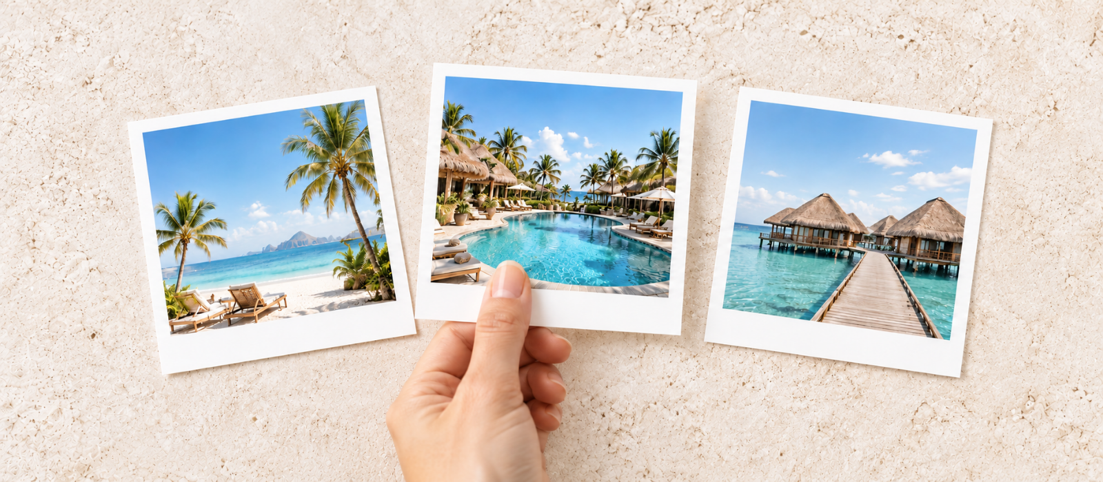 Hand comparing three different resort photographs