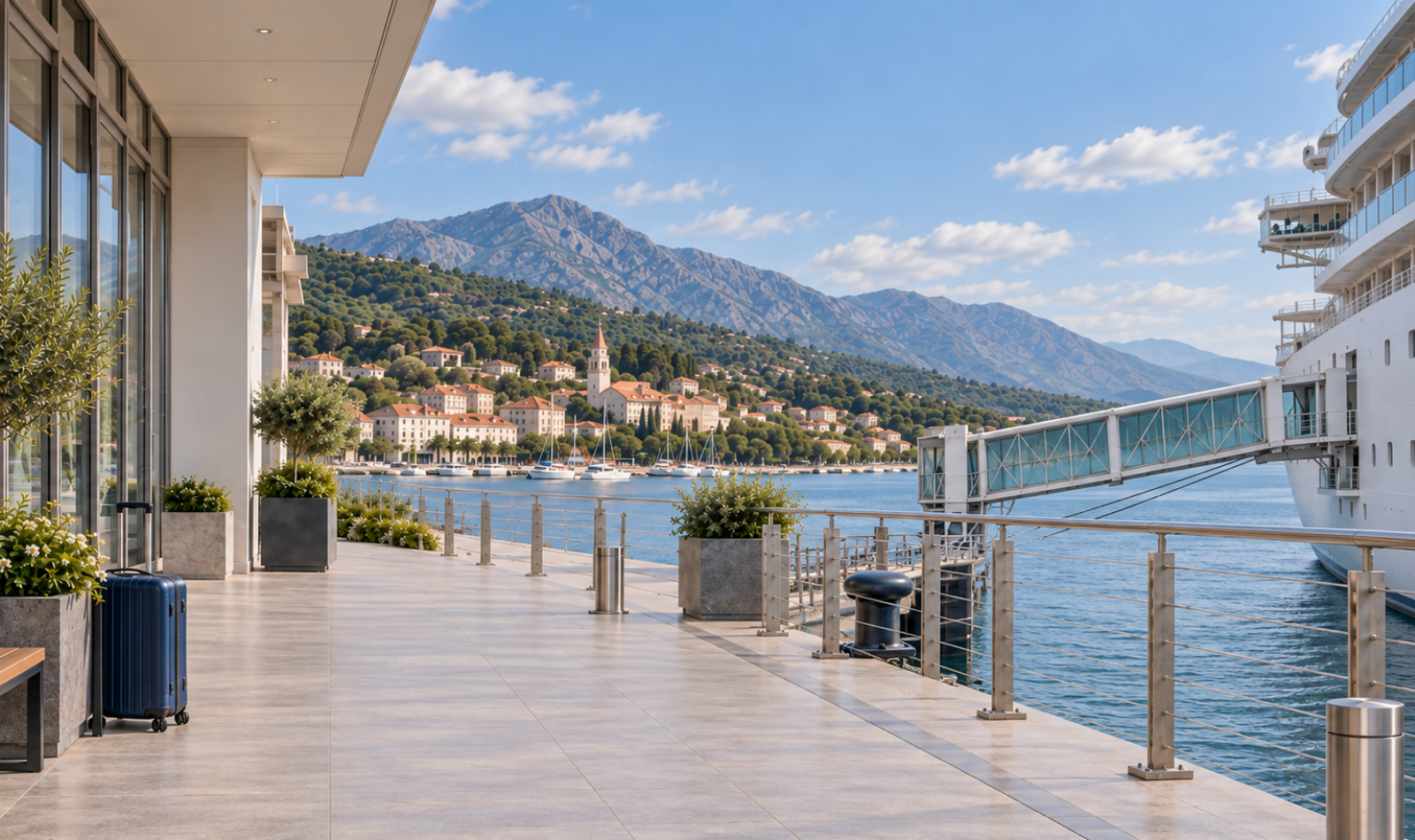 Cruise ship docked beside a waterfront promenade with mountains in the background
