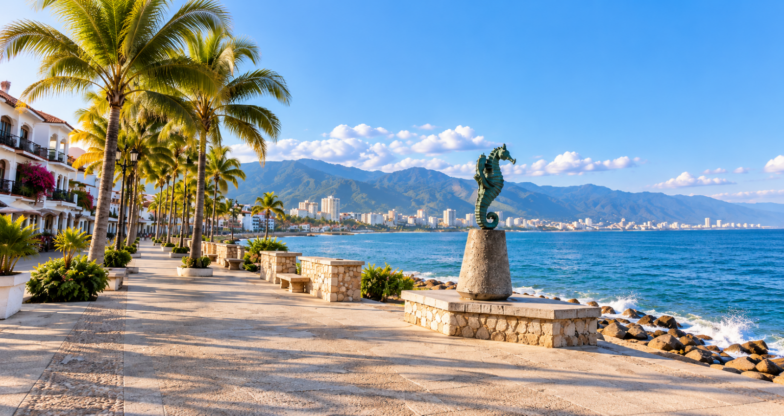 Palm-lined oceanfront promenade with mountains and a seahorse sculpture